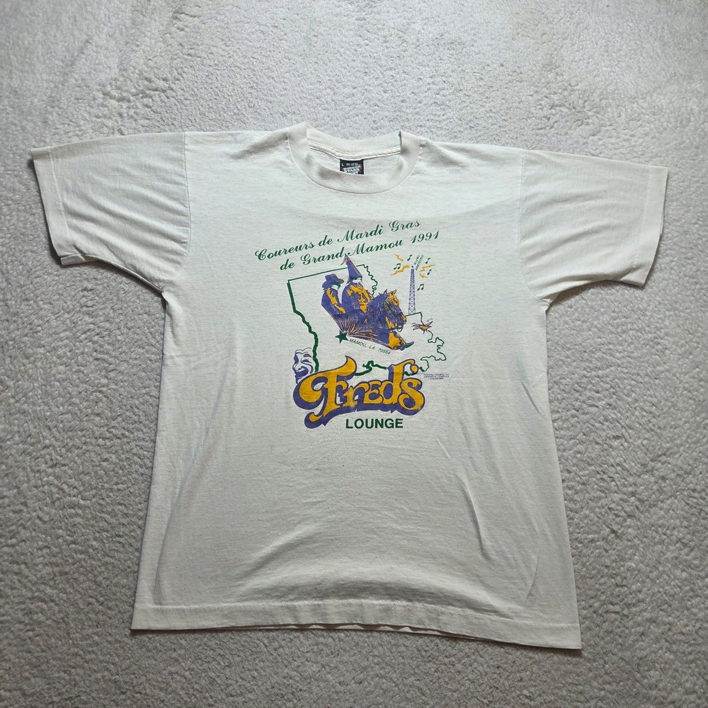 Vintage 90s Screen Stars Best T Shirt Mens Large White Freds Lounge Mardi Gras
